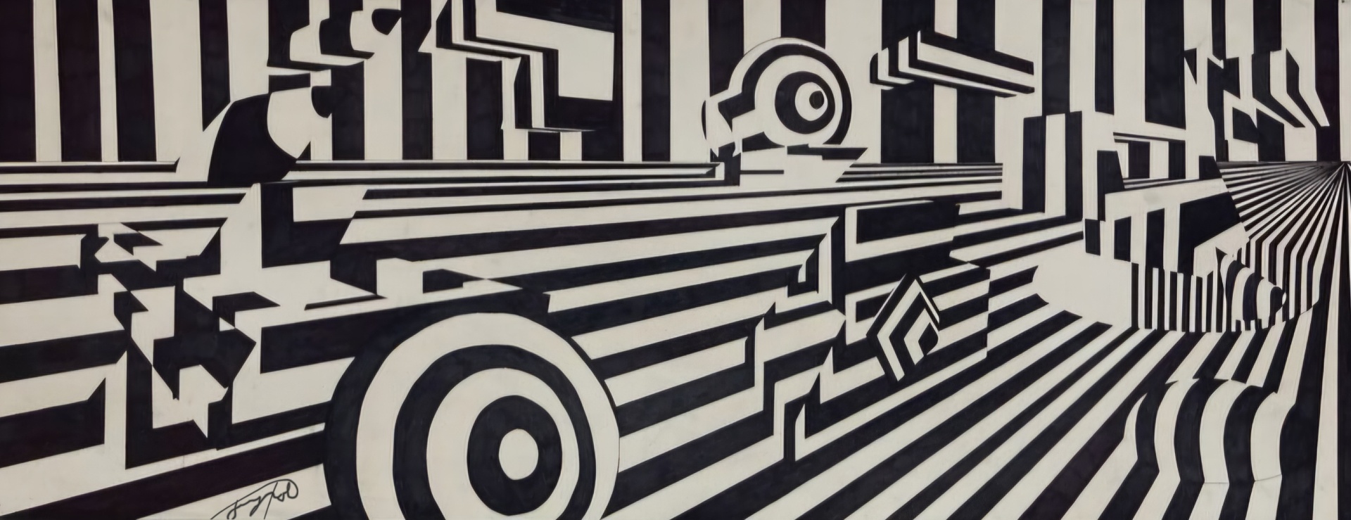 Black-and-white geometric composition with layered striped forms receding into space.