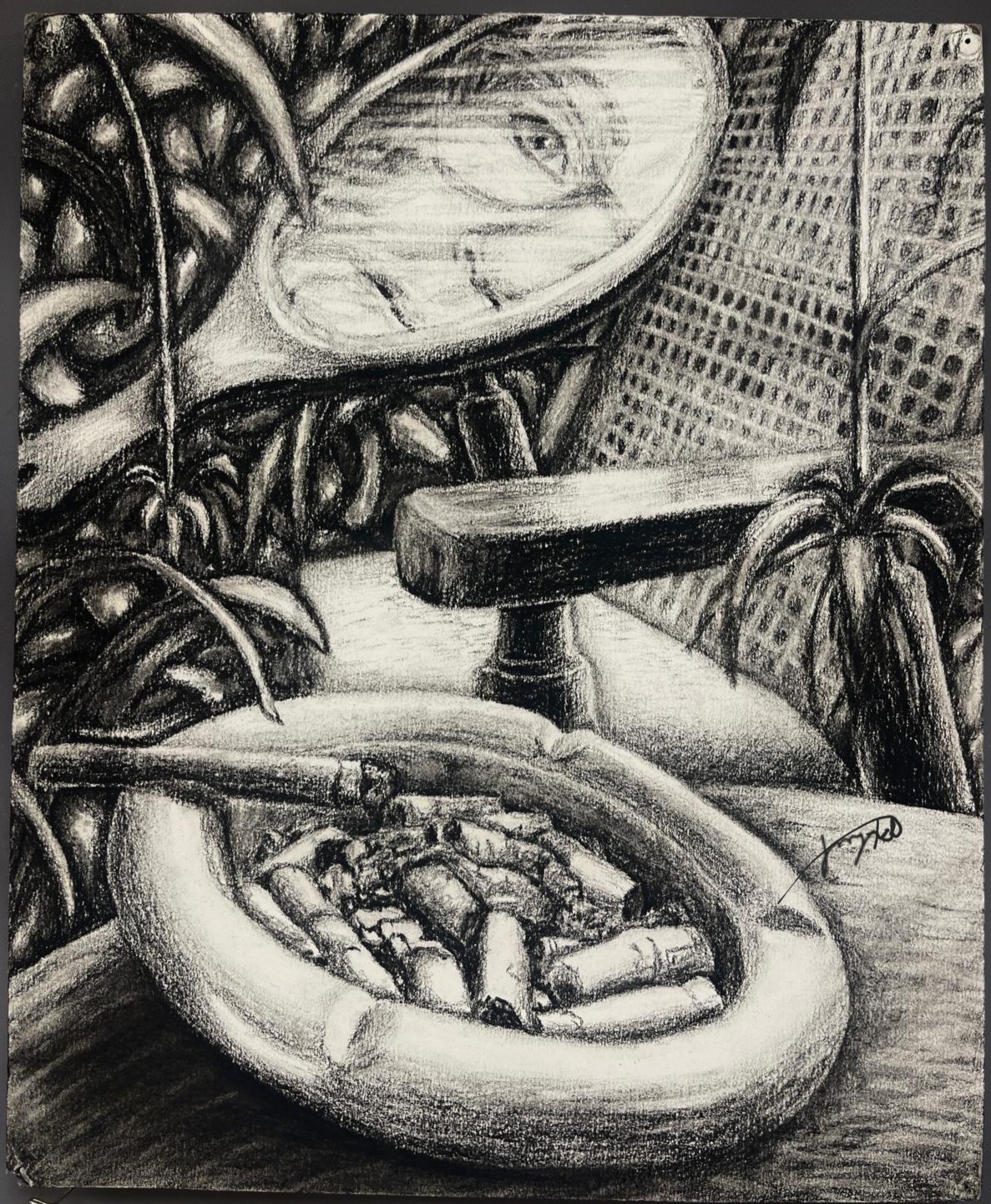 Charcoal still life of an ashtray with cigarettes and surrounding plants.
