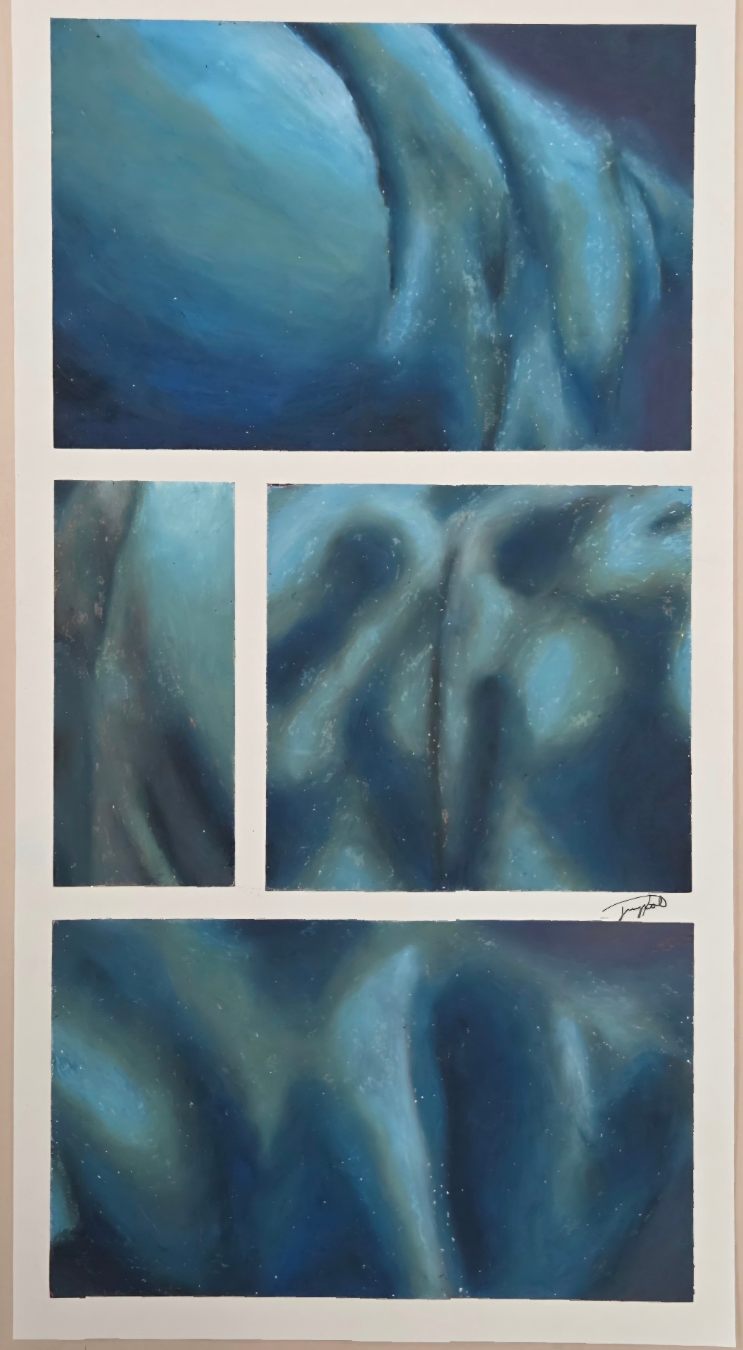 Blue multi-panel composition with luminous abstract forms dissolving across separated sections.