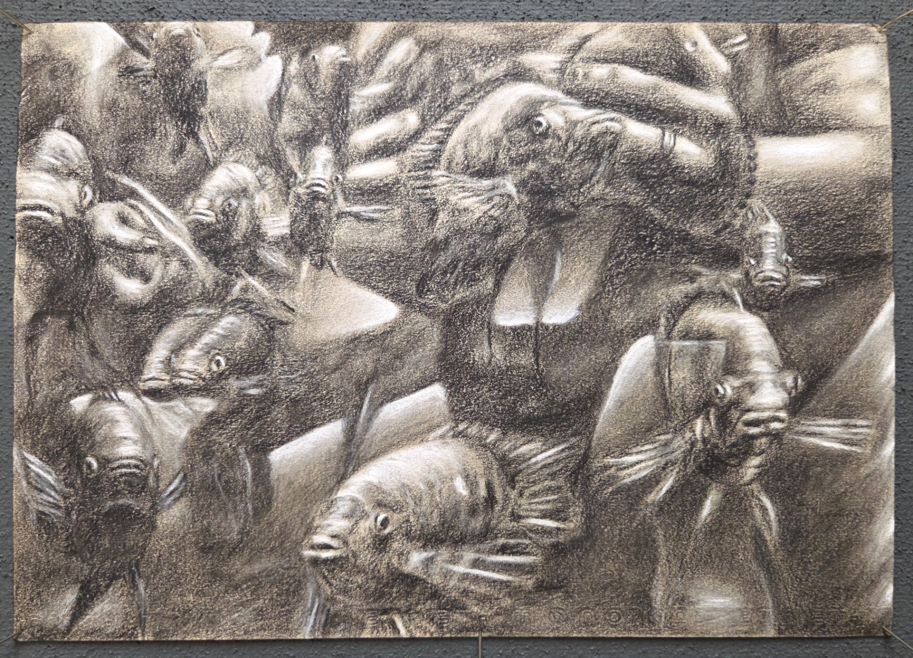 Charcoal and watercolor drawing of fish gathered in a dense swirling composition.