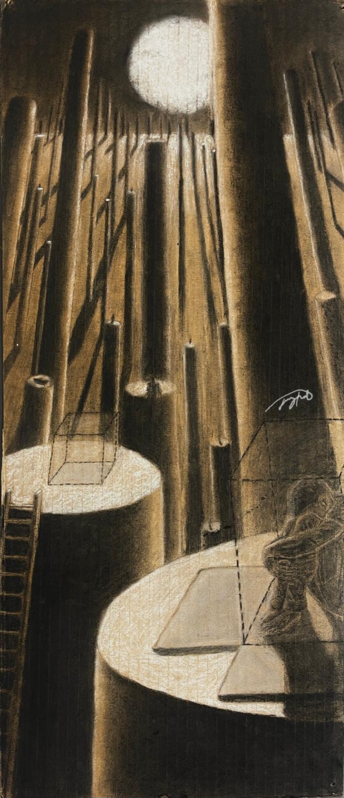 Sepia architectural drawing with vertical poles and circular platforms under a bright moon.