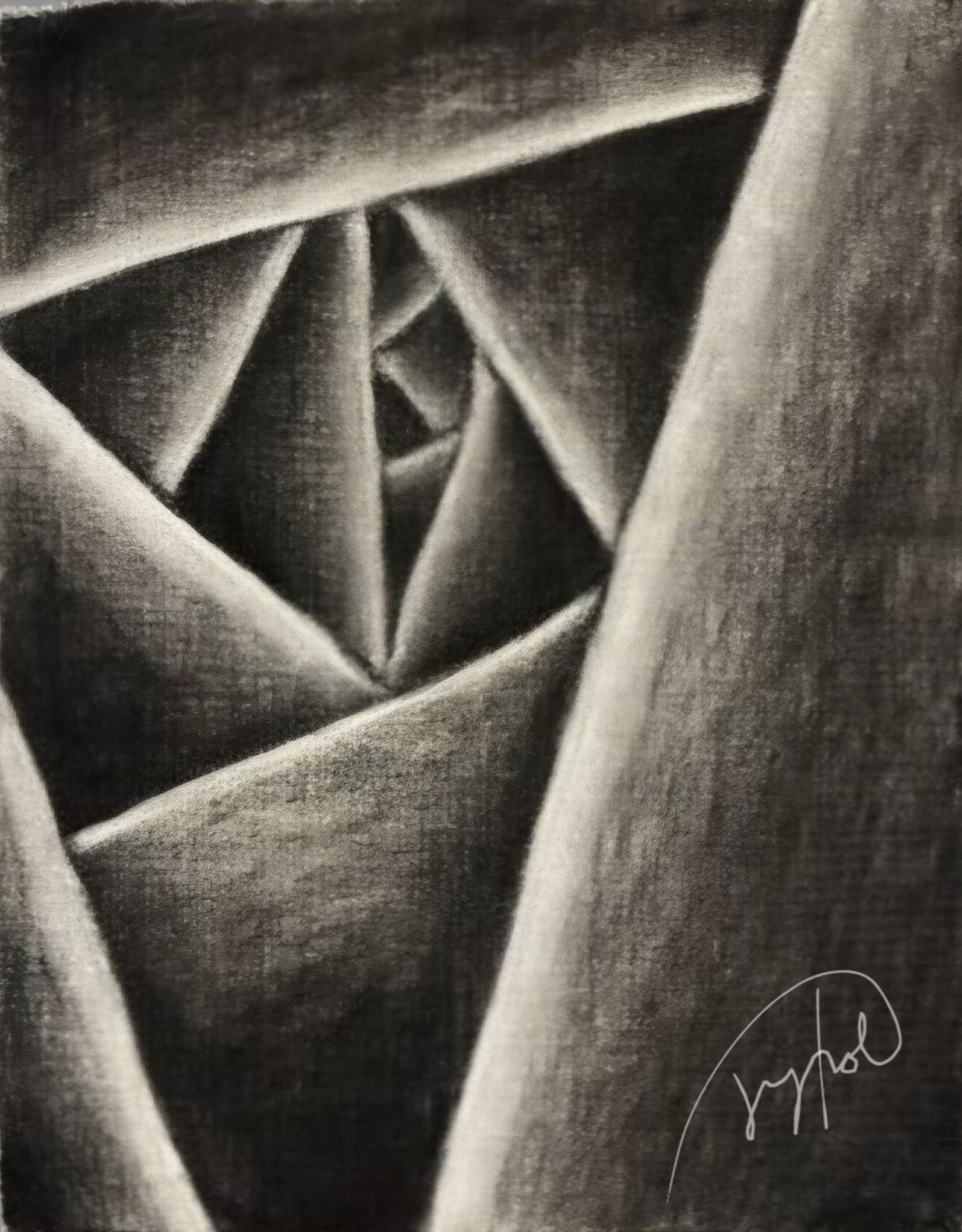 Black-and-white composition of folded geometric planes creating a narrowing tunnel effect.