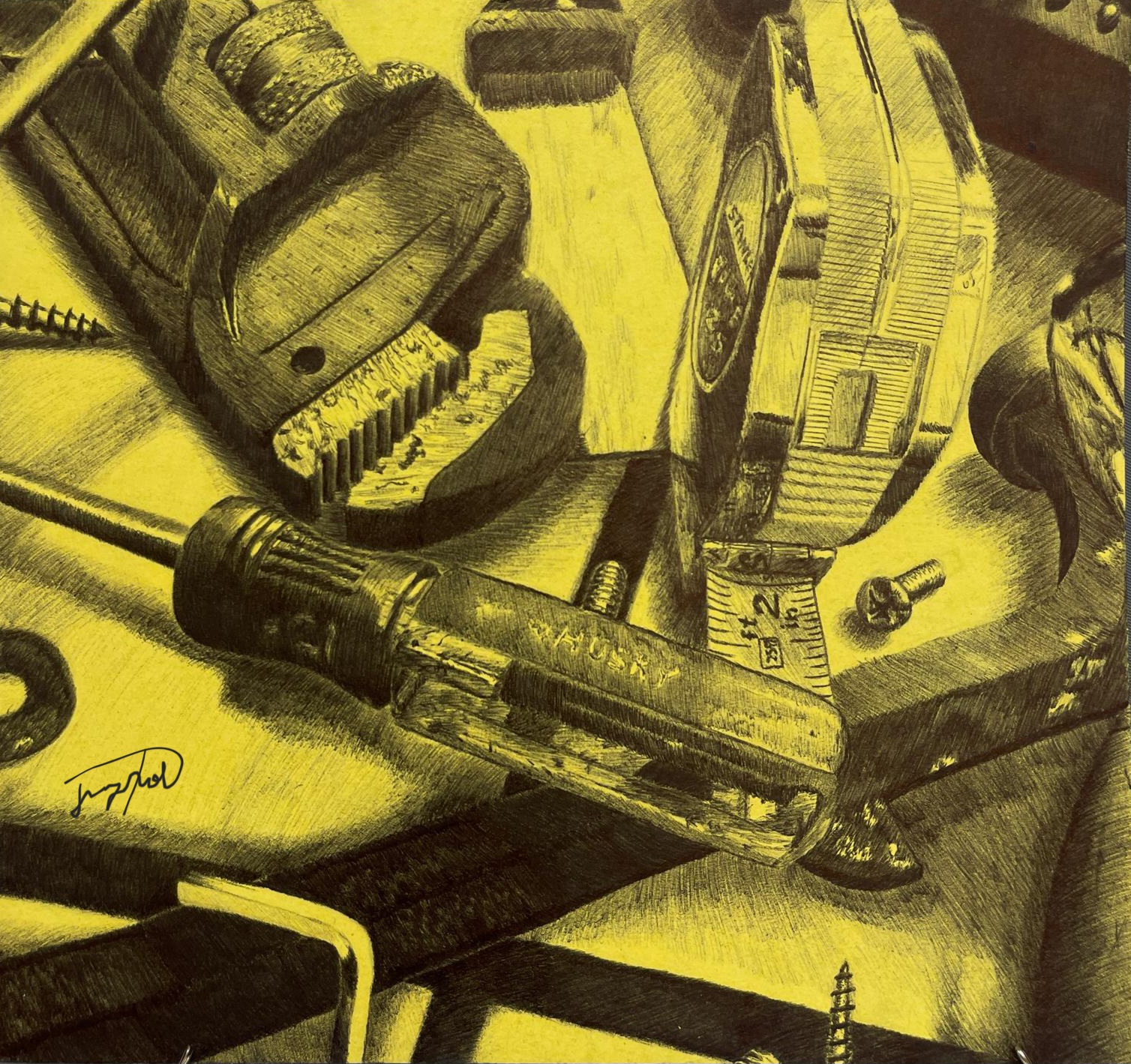 Yellow-toned drawing study of hand tools and hardware arranged in a tight close-up composition.