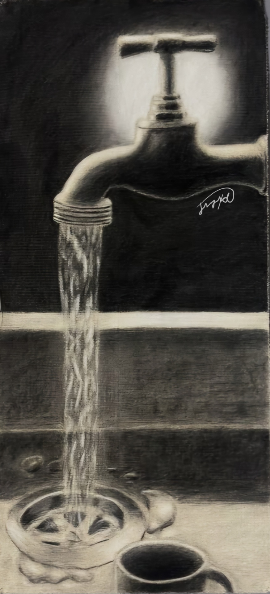 Monochrome drawing of a running faucet pouring water into a sink beside a cup.