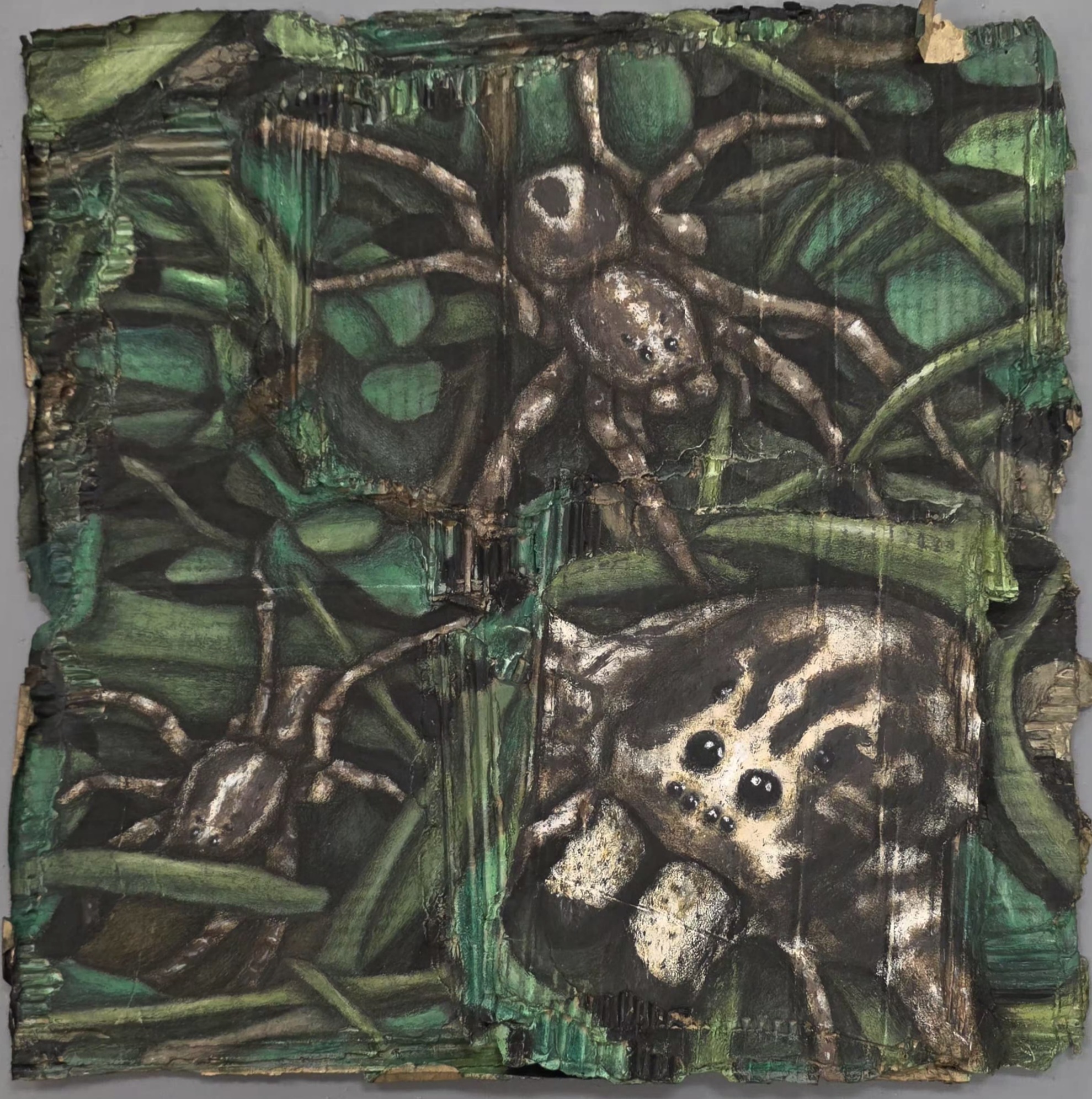 Green mixed-media composition of two large spiders set against a tangle of webbing and leaves.