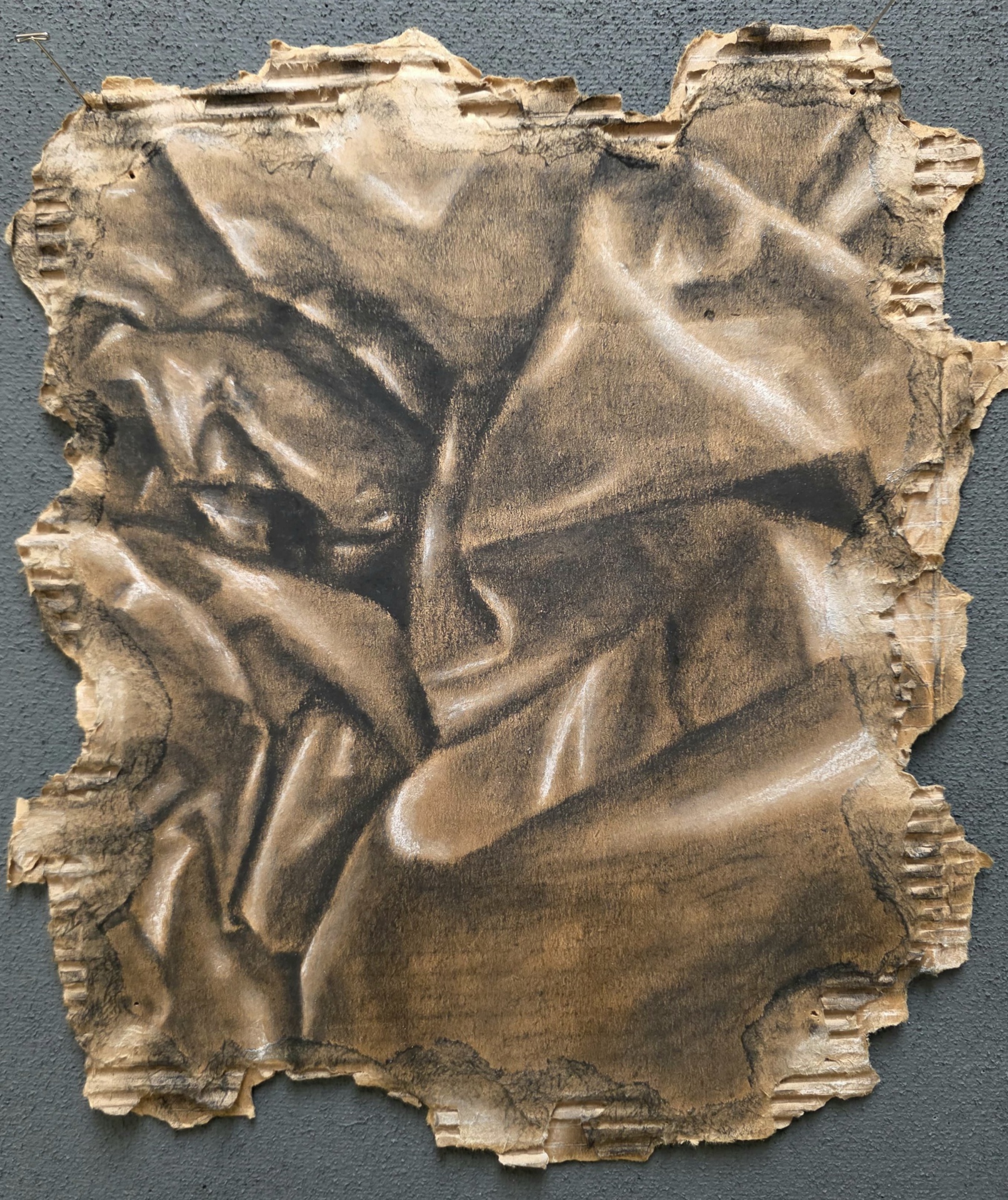 Charcoal study with fluid expressive contour lines on a torn, irregular sheet of cardboard.